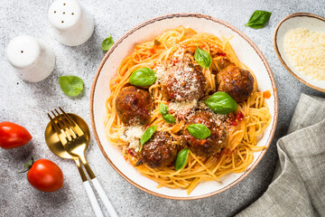 Pasta with Meatballs in tomato sauce top view.
