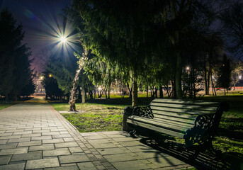 Night city park. Wooden benches, street lights, and green trees. The tiled road in the night park...