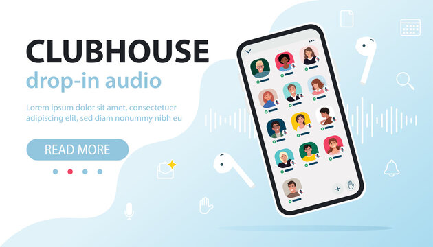 Clubhouse invite-only social network based on audio-chat. The screen of the device with avatars of community members. Vector illustration in flat style, template for landing page, banner