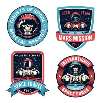 Space badge set with Astronaut. Spaceship pilot and alien vintage logo. Vector illustration.