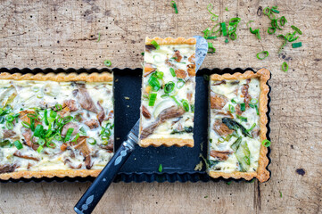 Traditional French mushroom mozzarella tart with leek served as top view in a backing form