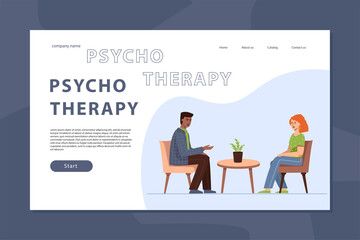 The concept of psychotherapy. The specialist communicates with the patient, the session with the coach. The landing page template.