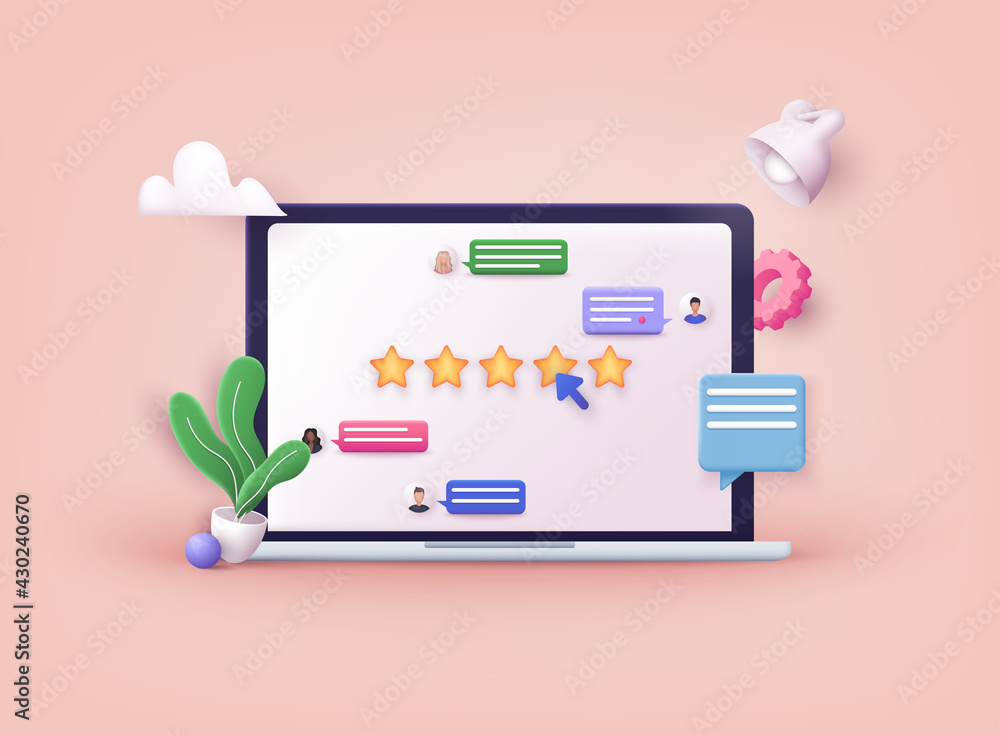 Poster customer review concepts. hand showing on five star excellent rating. reviews stars with good and ba