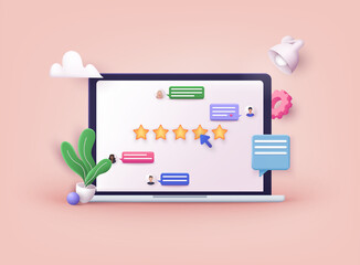 Customer review concepts. hand Showing on five star excellent rating. Reviews stars with good and bad rate and text. 3D Web Vector Illustrations. - obrazy, fototapety, plakaty