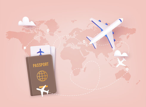 Traveling on airplane, planning a summer vacation, tourism. Online ticket concept. 3D Vector Illustrations.