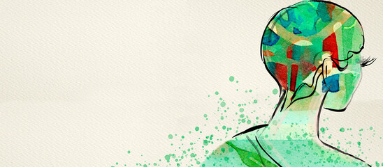 Abstract woman. Spring. Creative watercolor ink paitning.  Design element.