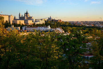 Madrid, Spain - October 25, 2020: Sunset view from the park named Jardines del Templo de Debod (Templo de Debod)