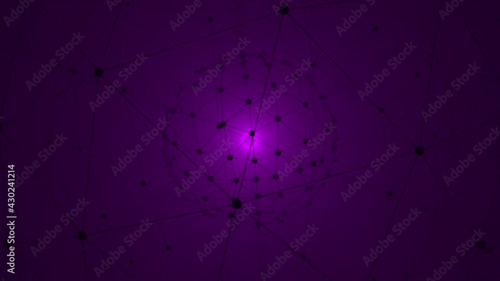 Poster black lines and dots intersect and create a ball that is continuously illuminated with neon flashes.