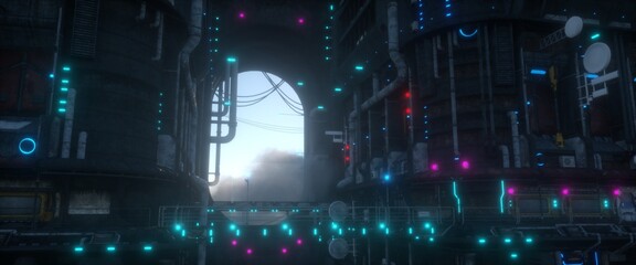 Neon urban future. Futuristic city in a cyberpunk style. Industrial landscape with bright neon lights and huge futuristic buildings. 3D illustration.