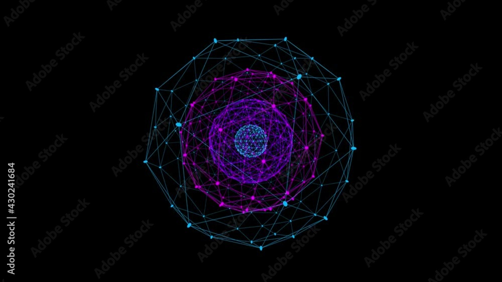 Poster polygonal geometric neon structures in the form of spheres are enclosed in one another and rotate in
