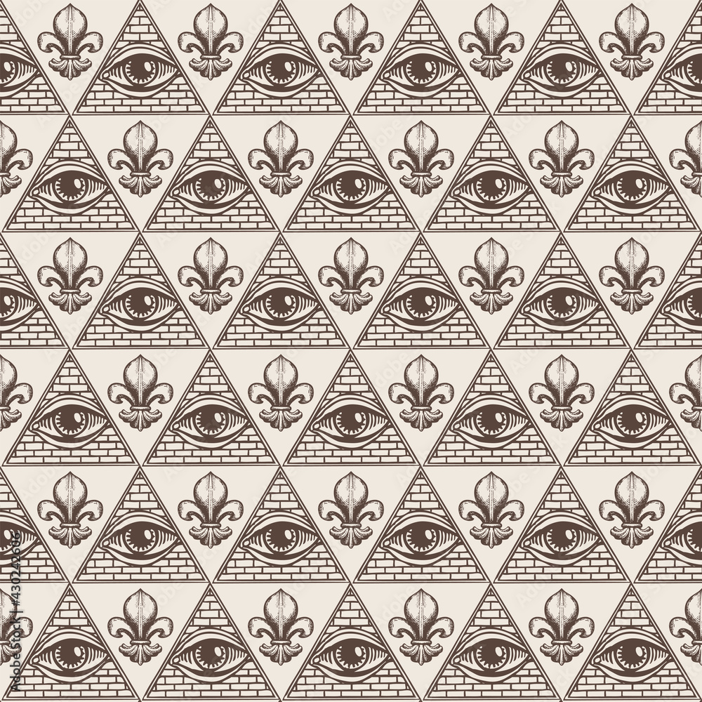Poster geometric seamless pattern with signs of an all-seeing eye and fleur de lys on a light backdrop. vec