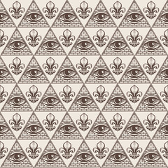 Geometric seamless pattern with signs of an all-seeing eye and fleur de lys on a light backdrop. Vector background in retro style with a third eye inside a triangular pyramid in beige and brown colors