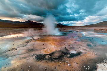 El Tatio geysers at sunrise, Atacama desert, Chile. - obrazy, fototapety, plakaty