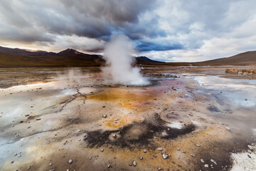 El Tatio geysers at sunrise, Atacama desert, Chile.