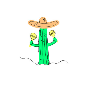 Cute cactus in mexican hat and maracas vector cartoon character isolated on a white background.