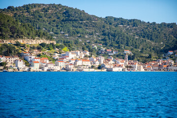 Fototapeta na wymiar View from water of mediterranean town Vis without tourists. Yachtind destination, island Vis, Croatia