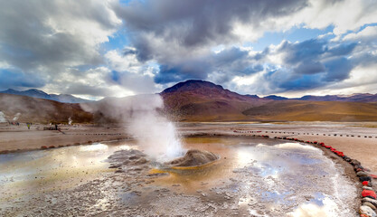 El Tatio geysers at sunrise, Atacama desert, Chile.
