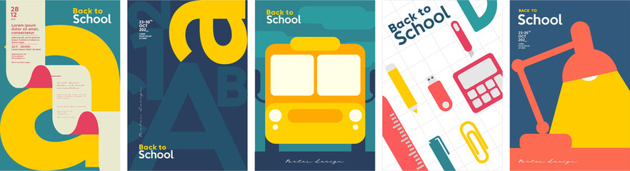 School backgrounds. School bus, desk lamp, letters, stationery. Set of flat, vector illustrations. Back to School. Elements and objects on school themes, simple background for poster, cover, flyer. © Molibdenis-Studio