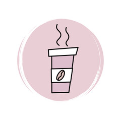 Cute logo or icon vector with take away coffee cup, illustration on circle with brush texture, for social media story and highlight 