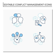 Conflict management line icons set. Conflict between two persons. Showing respect, feedback, accommodating, competing.Communication concept. Isolated vector illustration. Editable stroke