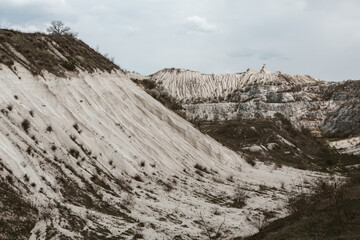 Abandoned limestone quarry. Interesting form of relief. Amazing hills and ground. Dry areas of the earth. Global warming