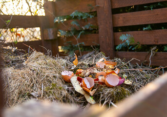 Wooden hand made builded composter with fresh natural waste in it placed in garden near trees.