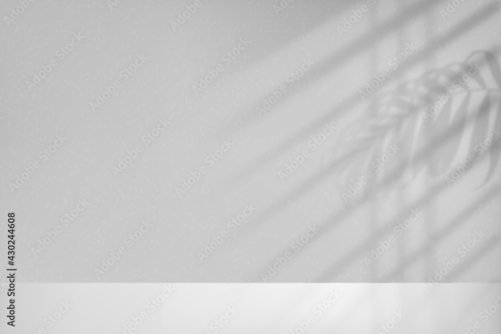 Poster white mockup with shadow from blinds and leaf on in room. lights from window on wall and floor. mock