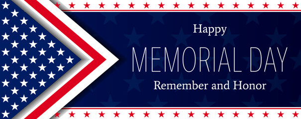 Vector of US Memorial Day celebration background banner or greeting card, with text and USA flag elements.