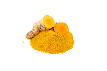 Curcuma powder and roots isolated on white background. Oriental spice