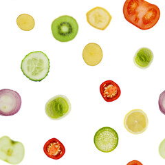 Seamless texture of vegetables, cucumber, tomato, onion, potato and pepper. On the background, the fruit is in soft focus