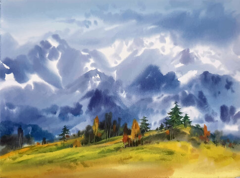 Watercolor landscape panorama of the mountains