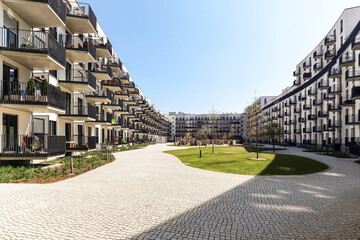Cityscape of a residential area with modern apartment buildings, new sustainable urban landscape in...