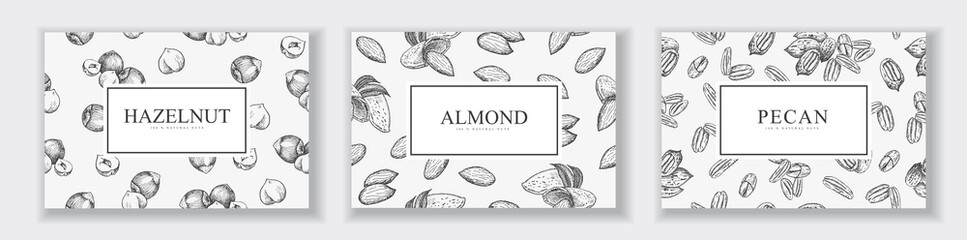 Cards with different nuts, hazelnut, almond, pecan.