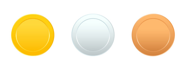 Coin gold, silver and bronze icons set. Token money badge. Game win item. App interface design element. Cartoon profit collection. Virtual trophy sign. Vector illustration