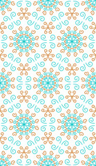 Seamless background with blue and orange ornament, geometric shapes, rays, swirls and lines.