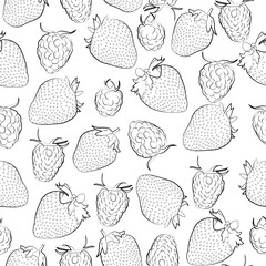 Seamless background with raspberry and strawberry. Black and white, linear. 