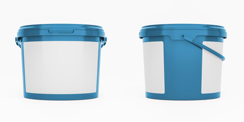 Blue 3,5l plastic paint can / bucket / container with handle and blank label, isolated on white background.