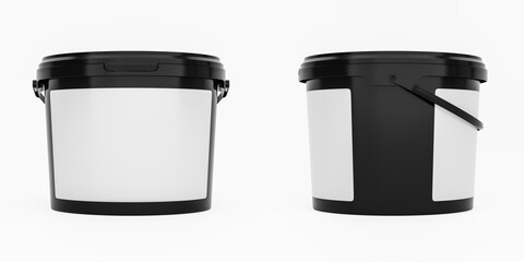 Black 3,5l plastic paint can / bucket / container with handle and blank label, isolated on white background. © Adam V