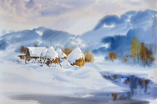 Watercolor landscape with mountains and snow paint