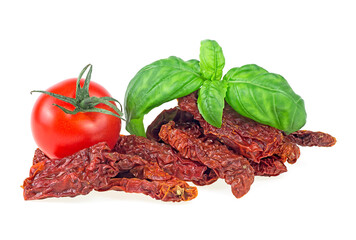 Delicious dried tomatoes and fresh basil isolated on a white background. Sun dried tomatoes.