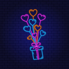 Gift and Balloons. Heart shaped balloons. Neon design element. Gift concept. Glowing Vector Illustration