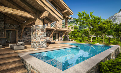 3d rendering of modern cozy chalet with pool and parking for sale or rent. Beautiful forest mountains on background. Massive timber beams columns. Clear sunny summer day with cloudless sky.