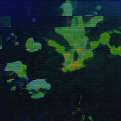 Glitched fluid colors. Abstract glitch background. Futuristic wallpaper. Cyberpunk concept. Colorful techno backdrop with aesthetics of vaporwave style of 80's. EPS 10.