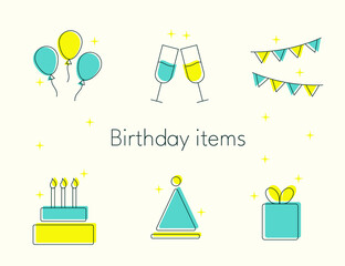 A set of birthday items. Balloons, gift, glasses of champagne, party decorations, cake, party cap. Vector icons