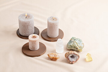 Fototapeta na wymiar Healing chakra crystals therapy. Alternative rituals, gemstones for wellbeing, meditation, destress