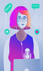 Young woman working on laptop, girl with glasses and colorful pink and purple hair listening to and recording a podcast.