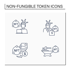 NFT line icons set.Minting. Non fungible tokens artist, buyer.Unique digital assets. Digitalization concept. Isolated vector illustrations.Editable stroke