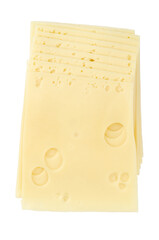 Emmental cheese, sandwich slices, from above. Sliced processed Emmentaler, also Emmenthal, a yellow, medium-hard cheese with holes, originated in Switzerland, with savory but mild taste. Food photo.
