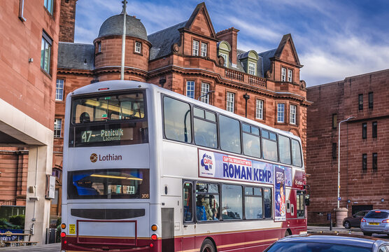 Edinburgh, Scotland - January 17, 2020: Double decker public bus us on Lauriston Place street in Edinburgh city