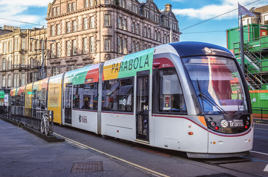 Edinburgh, Scotland - January 17, 2020: Tramway on Shandwick Place street in Edinburgh city